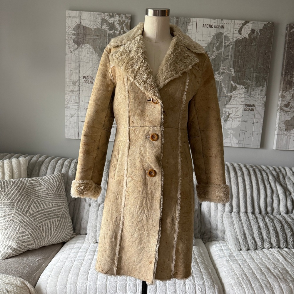 Express Womens Tan Genuine Leather Faux Fur Trim Shearling Long Coat Size M